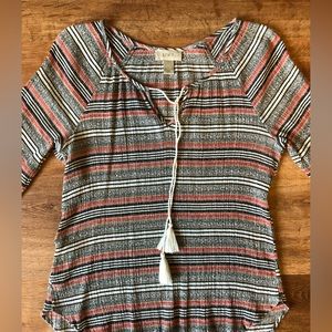 Loft petite striped tassel tie front striped top XSP coral, white, blue, tan